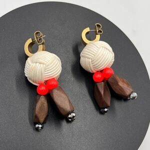 J. Crew Huggie Hoops with Yarn Knotted Ball Wood‎ Beads Dangle  earrings